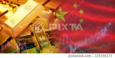 Gold bars stacked on Chinese flag. China gold reserves, Concept Gold bars stacked on Chinese flag. China gold reserves, Concept 133556171