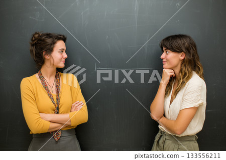 兩個人在黑板前互相看著對方 2 AI產生的影像 133556211