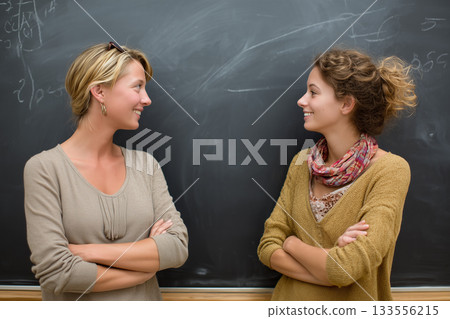Two women looking at each other in front of a blackboard 6 AI-generated image Two women looking at each other in front of a blackboard 6 AI-generated image 133556215