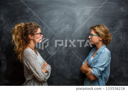 Two women looking at each other in front of a blackboard 7 AI-generated image Two women looking at each other in front of a blackboard 7 AI-generated image 133556216