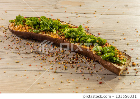 Eggplant with Scallion Garnish Chinese Style Eggplant with Scallion Garnish Chinese Style 133556331