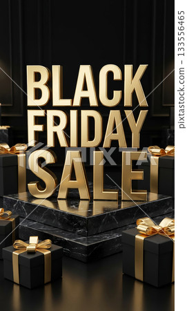 Luxury 3D Gold Black Friday Text on Black Marble Podium 133556465