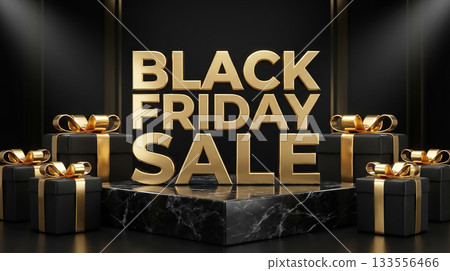 Luxury 3D Gold Black Friday Text on Black Marble Podium 133556466