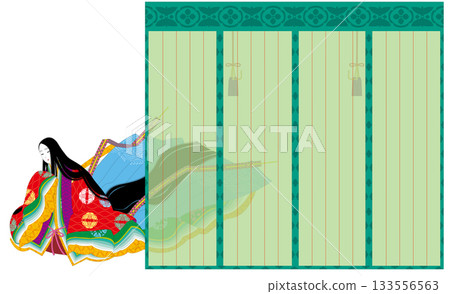 A woman in a traditional Japanese kimono, the twelve-layered kimono, behind a bamboo blind. A woman in a traditional Japanese kimono, the twelve-layered kimono, behind a bamboo blind. 133556563