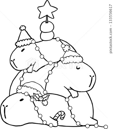 Kawaii Christmas Tree Capybara Stack up Outline Wearing Santa Hats Cartoon Doodle Hand Drawn Kawaii Christmas Tree Capybara Stack up Outline Wearing Santa Hats Cartoon Doodle Hand Drawn 133556617