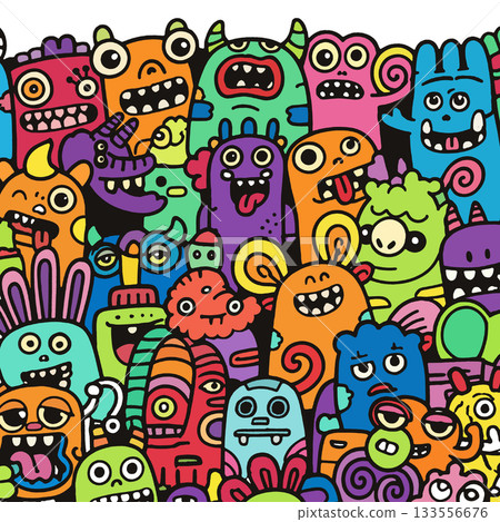 Colorful monster doodle, cartoon creatures, happy, playful, hand drawn, seamless pattern Colorful monster doodle, cartoon creatures, happy, playful, hand drawn, seamless pattern 133556676