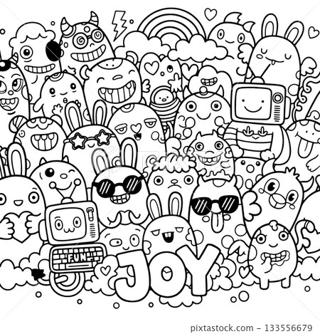 Joyful doodle art with cute cartoon monsters, bunnies, and retro technology in black and white Joyful doodle art with cute cartoon monsters, bunnies, and retro technology in black and white 133556679