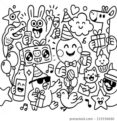 Party doodle black and white animal character gift balloon hat happy music fun 133556680
