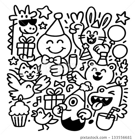 Party animal doodle happy cartoon birthday hat gift balloon cupcake music celebration 133556681