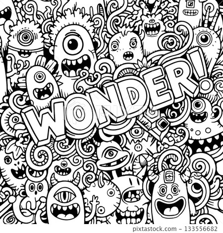 Wonderful black and white doodle monster pattern with playful expression and bold text 133556682