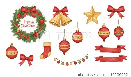 Watercolor Christmas ornament illustration set 133556992