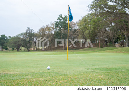 A golf ball on the green in golf course. The green is a special area of grass on the golf course that surrounds each hole. A golf ball on the green in golf course. The green is a special area of grass on the golf course that surrounds each hole. 133557008