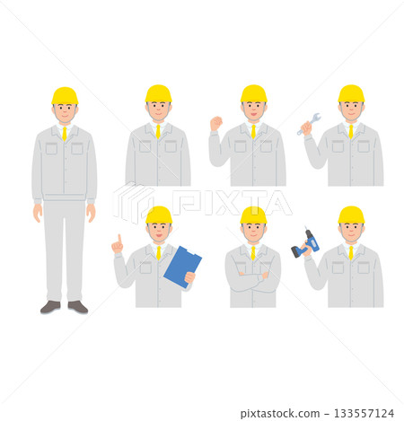 建築工人與工廠工人套裝：身穿工作服、頭戴安全帽的姿勢 133557124