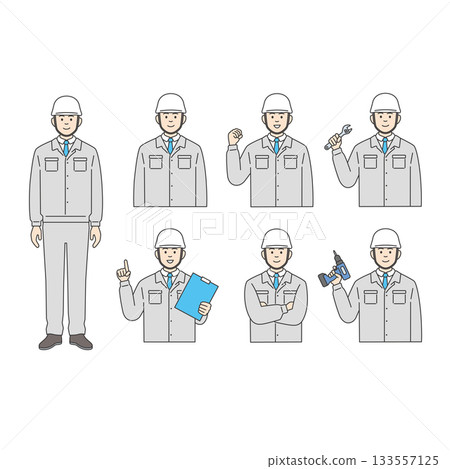 建築工人與工廠工人套裝：身穿工作服、頭戴安全帽的姿勢 133557125
