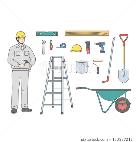 Construction, carpentry and DIY tools and workers set Construction, carpentry and DIY tools and workers set 133557212