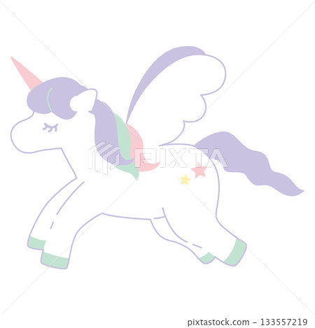 一幅粉彩色獨角獸的插圖,獨角獸長著翅膀。 一幅粉彩色獨角獸的插圖,獨角獸長著翅膀。 133557219