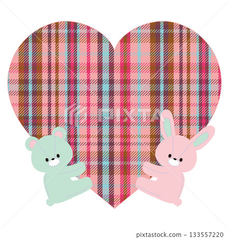一隻兔子和一隻泰迪熊捧著一顆格子心形圖案的插圖 133557220