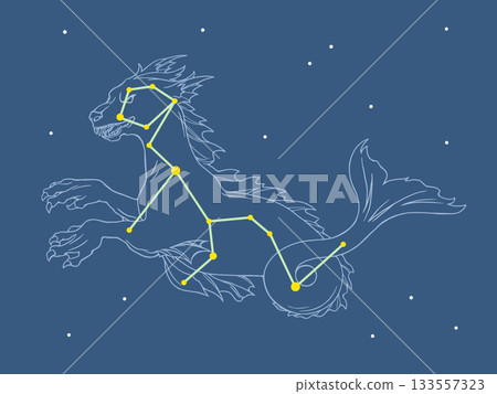 Illustration of the constellation Cetus floating against a starry sky Illustration of the constellation Cetus floating against a starry sky 133557323