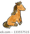 Illustration of a sitting horse drawn with transparent watercolor and brush pen 133557515