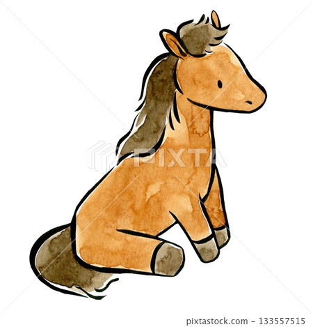 用透明水彩和毛筆繪製的坐馬插圖 133557515