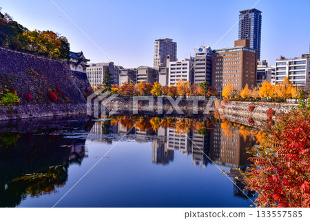 Reflection of the outer moat of Osaka Castle in late autumn 133557585