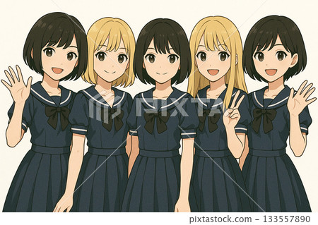 五位女性偶像的插畫 | 黑髮、金髮、女孩、動漫風格人物（白色背景） 133557890