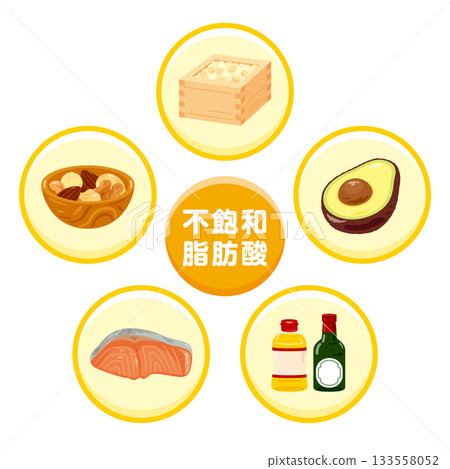 一組富含各種不飽和脂肪酸的食物插圖 一組富含各種不飽和脂肪酸的食物插圖 133558052