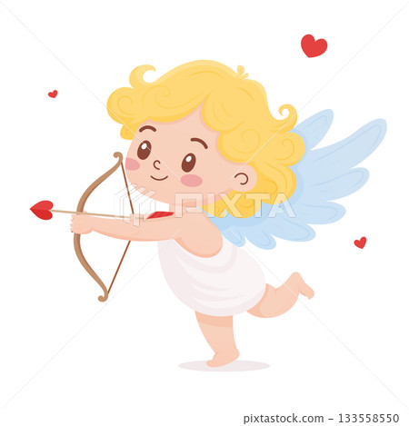 Adorable angelic cherub illustration with bow and arrow aiming at heart-shaped targets Adorable angelic cherub illustration with bow and arrow aiming at heart-shaped targets 133558550