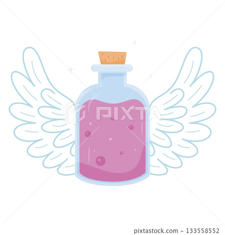 Magical potion bottle with angel wings in a whimsical illustration style 133558552