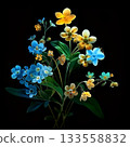Vibrant Floral Bouquet: A Spectrum of Blue and Yellow Blooms on Black Background 133558832