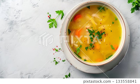 A bowl of homemade chicken soup with veggies and herbs is comforting, healthy, and nourishing 133558841