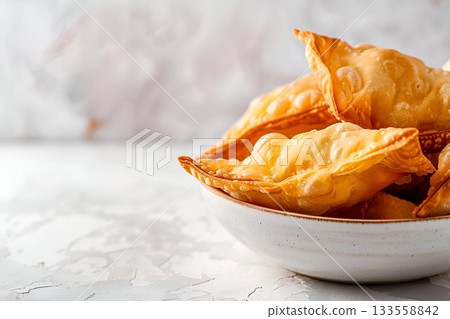 Crispy Fried Dumplings in a White Bowl are a delightful comfort food choice with a delicious taste Crispy Fried Dumplings in a White Bowl are a delightful comfort food choice with a delicious taste 133558842