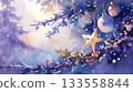 Tranquil winter scene with a star ornament on the Christmas tree in a serene winter wonderland 133558844