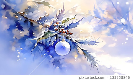 Winter Holiday Ornament with holly berries and snowy setting, evoking festive celebrations 133558846