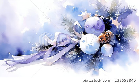 Elegant Winter Holiday Ornament with Shades of Blue and Snow, capturing a festive atmosphere 133558849