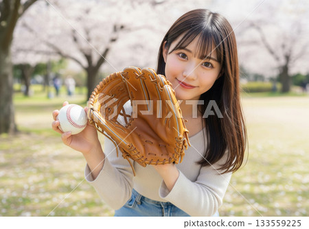 一位年輕女子麵帶微笑，手裡拿著手套和球，站在櫻花盛開的公園裡。 133559225