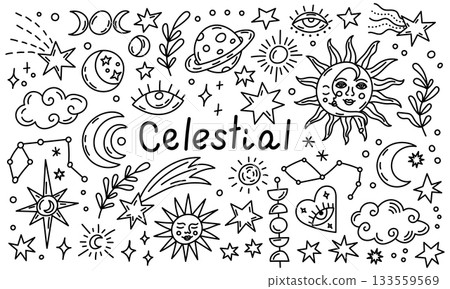 Celestial doodle illustration with stars moons and planets Celestial doodle illustration with stars moons and planets 133559569