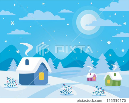 Winter background. Snow is falling. Old houses in the background. 133559570