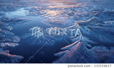 Frozen pond surface with intricate ice patterns, blue and purple hues, winter morning light 133559617