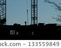 Blue-Black Silhouette of Worker in Hard Hat on Construction Site surrounded by Construction Machinery and Materials. Hook of Tower Crane lifts Load next to Builder. 133559849
