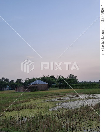 Rural landscape at dusk with a small building and water 133559864