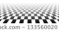 Fading checkerboard floor in perspective. Black and white vanishing checkered tile pattern background. Retro horizontal chess board grid plane surface. Vector vintage empty room stage checker floor 133560020