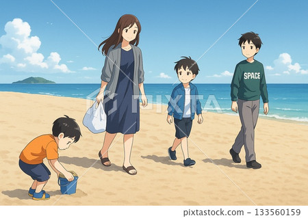 Family Walking on Beach An anime-style illustration of a family walking on the beach 133560159