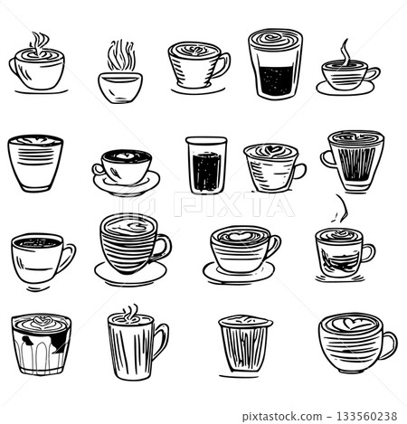 A minimalist, hand-drawn collection of coffee and latte icons. The sketch-style line art features various hot beverages in different cups and mugs, some showing steam and simple latte art like hearts A minimalist, hand-drawn collection of coffee and latte icons. The sketch-style line art features various hot beverages in different cups and mugs, some showing steam and simple latte art like hearts 133560238