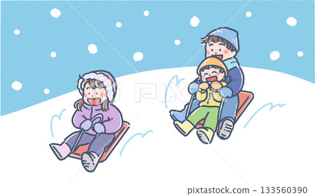 男孩和女孩在雪地裡滑雪橇的插圖 133560390