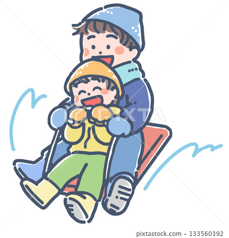 兩個孩子在冬天玩雪橇的插圖 兩個孩子在冬天玩雪橇的插圖 133560392
