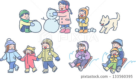 Winter play illustration set (snowman, skating, sledding) 133560395