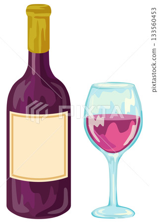 Wine bottle and poured wine illustration vector 133560453