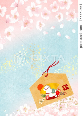 吉祥的日式背景插畫，以春意盎然的櫻花為背景，並配有馬年祈福牌。適合用作新年賀卡素材。 133560661