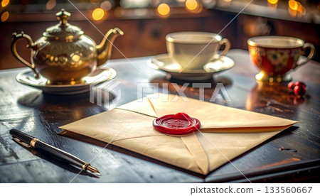 Vintage Envelope Sealed with Red Wax, Pen, and Vintage Tea Set on Desk 133560667